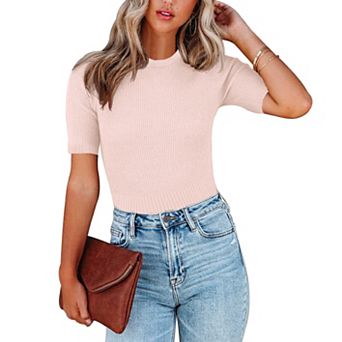Women's Sweater Knit Top Short Sleeve Slim Fit T-Shirt Tummy Control Waist Casual Blouses