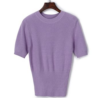 Women's Sweater Knit Top Short Sleeve Slim Fit T-Shirt Tummy Control Waist Casual Blouses