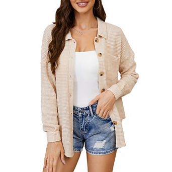 Women's Waffle Knit Cardigan Stand Collar with Front Button Closure Chest Pocket for Casual