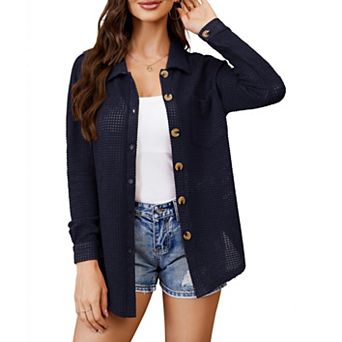 Women's Waffle Knit Cardigan Stand Collar with Front Button Closure Chest Pocket for Casual