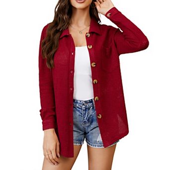 Women's Waffle Knit Cardigan Stand Collar with Front Button Closure Chest Pocket for Casual
