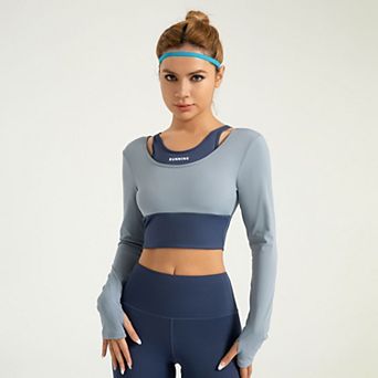 Women Long-Sleeve Cropped Sports Top Fake Layered Yoga/Running Shirt