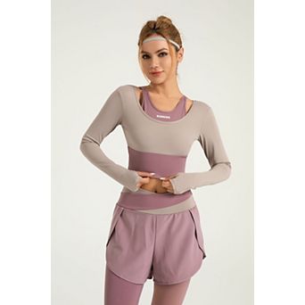 Women Long-Sleeve Cropped Sports Top Fake Layered Yoga/Running Shirt