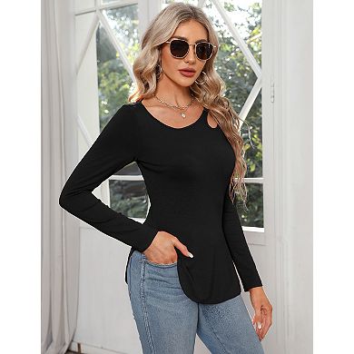 Women's Long Sleeve Knit Top Slim Fit Keyhole Neck Detail Casual Blouses