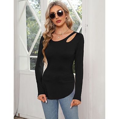 Women's Long Sleeve Knit Top Slim Fit Keyhole Neck Detail Casual Blouses