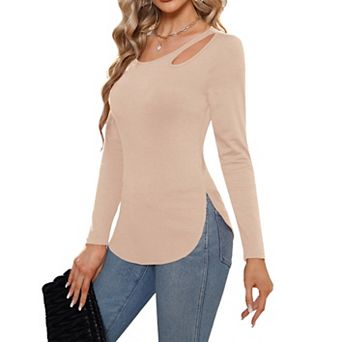 Women's Long Sleeve Knit Top Slim Fit Keyhole Neck Detail Casual Blouses