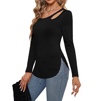 Women's Long Sleeve Knit Top Slim Fit Keyhole Neck Detail Casual Blouses