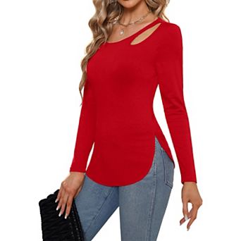 Women's Long Sleeve Knit Top Slim Fit Keyhole Neck Detail Casual Blouses