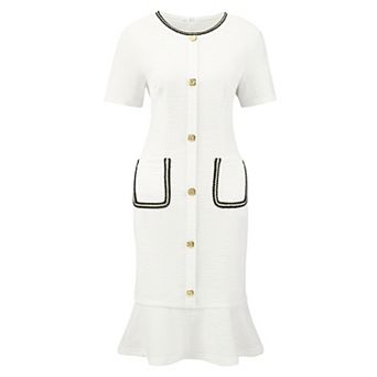 Women's Bodycon Mermaid Dress Tweed Short Sleeve Panel Trim Cocktail Fishtail Dresses