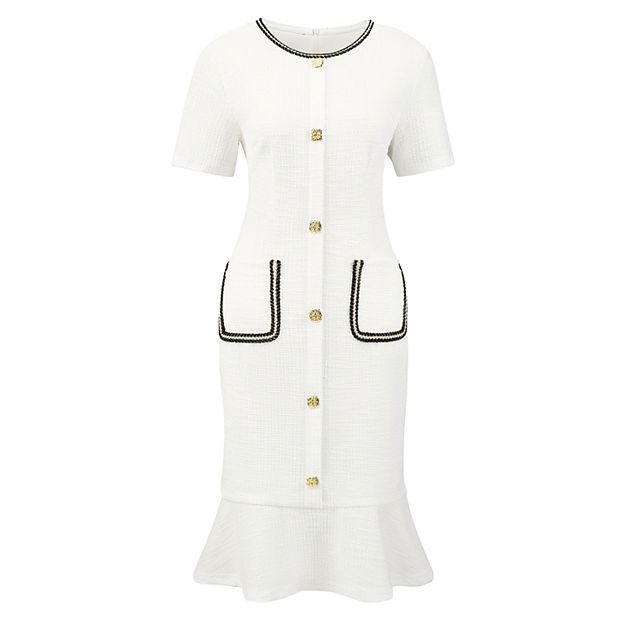 Women's Bodycon Mermaid Dress Tweed Short Sleeve Panel Trim Cocktail  Fishtail Dresses