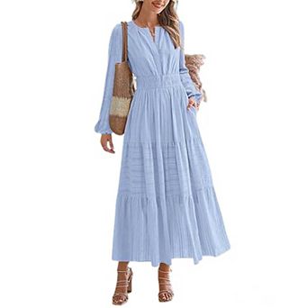 Women's V-Neck Smocked Waist Tiered Maxi Dress, Long Sleeve Ruffled Swing Dress