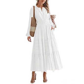 Women's V-Neck Smocked Waist Tiered Maxi Dress, Long Sleeve Ruffled Swing Dress