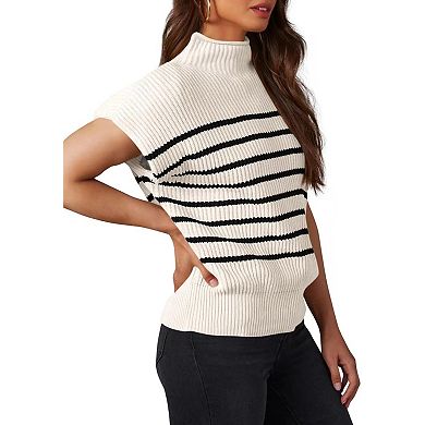 Women's Ribbed Knit Sweater Pullover Mock Neck Top with Cap Sleeves Casual Fit Blouse Tops