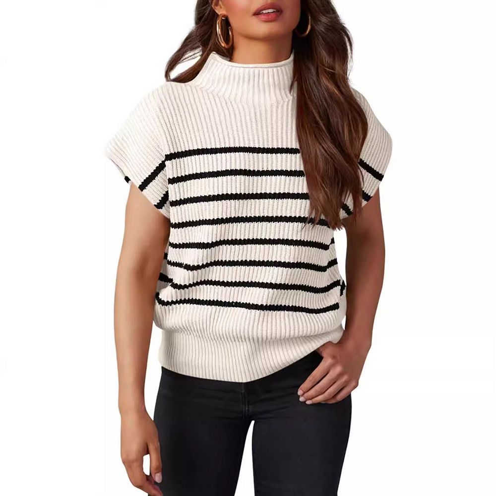 Women's Ribbed Knit Sweater Pullover Mock Neck Top with Cap Sleeves ...