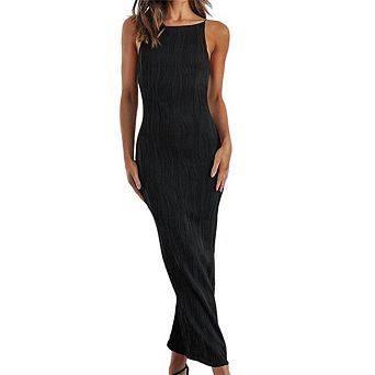 Women Dress Slim-Fit Ribbed Sleeveless Maxi Dress Spaghetti Strap Backless Dress