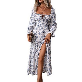 Women's Square Neck Long Sleeve Floral Maxi Dress with Side Slit, Lace-Up Front Fit & Flare Dress