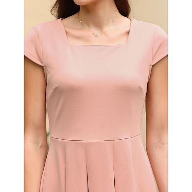 Women's Cap Sleeve Flare Dress Square Neck Business Work A Line Pleated Dresses