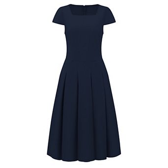 Women's Cap Sleeve Flare Dress Square Neck Business Work A Line Pleated Dresses