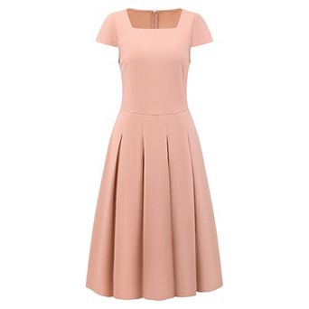 Women's Cap Sleeve Flare Dress Square Neck Business Work A Line Pleated Dresses