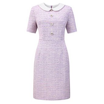 Women's Tweed Dress Short Sleeve Peter Pan Collar Cocktail Wedding Pencil Dresses