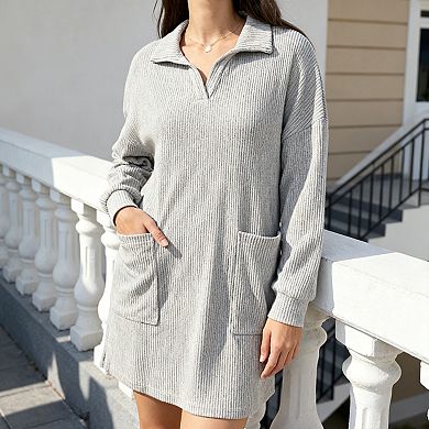 Women's Notch Collar Knit Dress, Casual Knee-Length Sweater Dress with Side Pockets