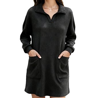 Women's Notch Collar Knit Dress, Casual Knee-Length Sweater Dress with Side Pockets