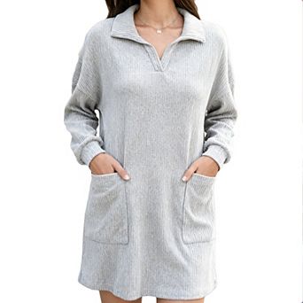 Women's Notch Collar Knit Dress, Casual Knee-Length Sweater Dress with Side Pockets