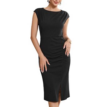 Women's Formal Sheath Dress Sleeveless Boat Neck Ruched Midi Work Dresses