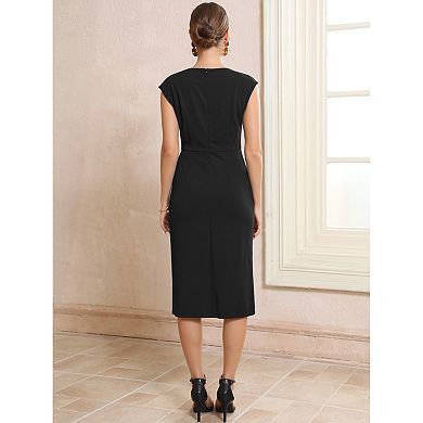 Women's Formal Sheath Dress Sleeveless Boat Neck Ruched Midi Work Dresses