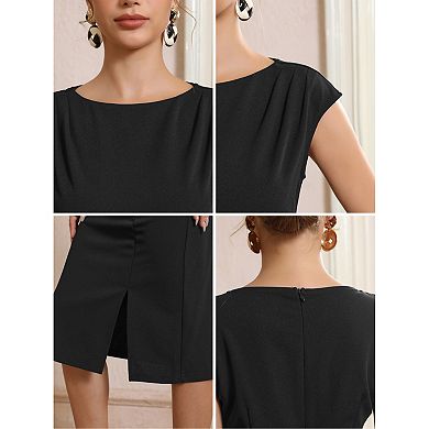 Women's Formal Sheath Dress Sleeveless Boat Neck Ruched Midi Work Dresses