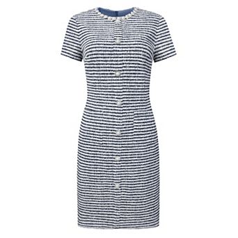 Women's Tweed Dress Short Sleeve Crew Neck Pearl Decor Cocktail Wedding Sheath Dresses