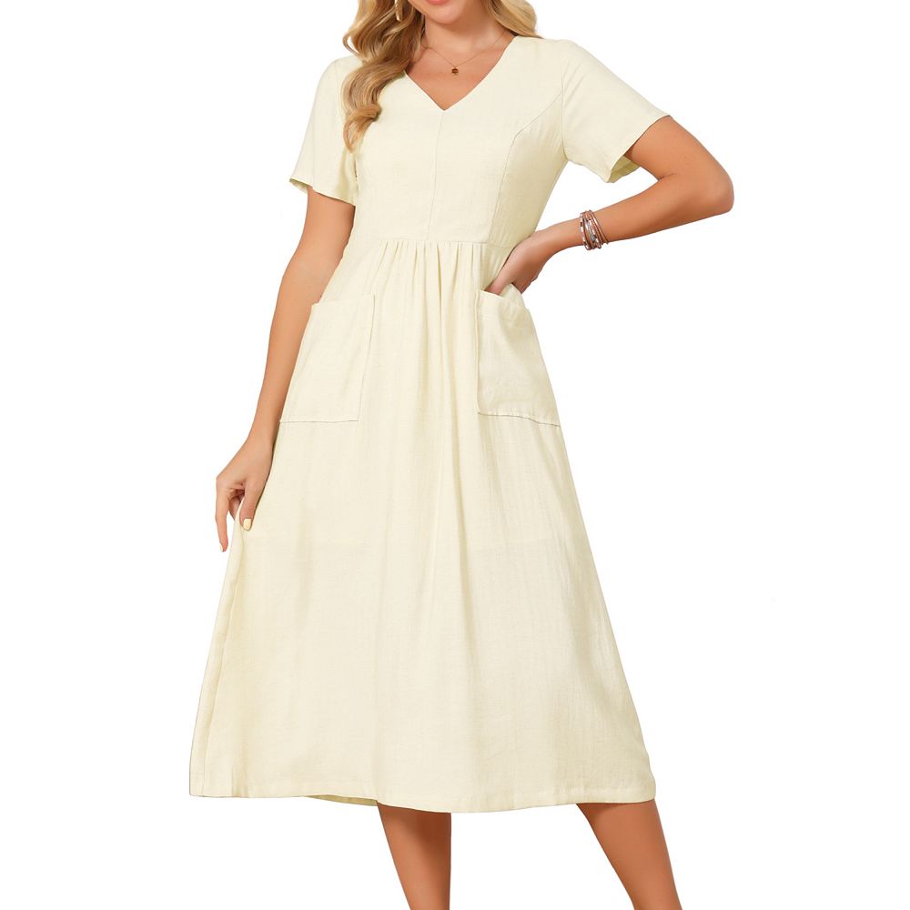 Women's Linen Dress Summer Short Sleeve V Neck Boho Sundress Casual ...