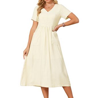 Women's Linen Dress Summer Short Sleeve V Neck Boho Sundress Casual Loose Flowy Beach Midi Dresses