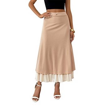 Women's Button-Accent Layered Midi Skirt, High Waisted Double-Layered A-Line Skirt