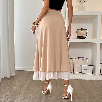 Women's Button-Accent Layered Midi Skirt, High Waisted Double-Layered A-Line Skirt