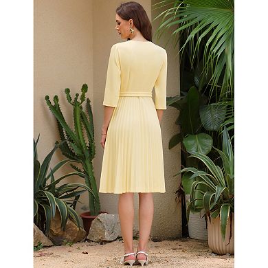 Women's Pleated Dress 3/4 Sleeve V Neck Belted Elegant Work A-Line Dresses
