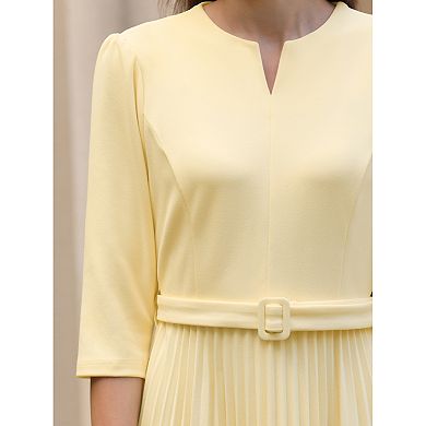 Women's Pleated Dress 3/4 Sleeve V Neck Belted Elegant Work A-Line Dresses