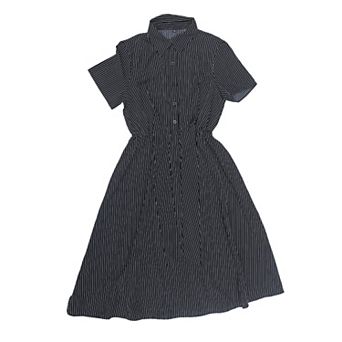 Striped Work Dress for Women's Lapel Collared Tie Waist Offcie Button Down Short Sleeve Long Dresses