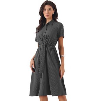 Striped Work Dress for Women's Lapel Collared Tie Waist Offcie Button Down Short Sleeve Long Dresses