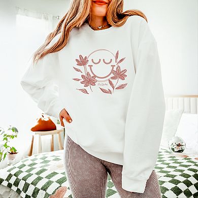 S.W.Smiley Pink Flowers Outline - Women's Lightweight Garment Dyed Sweatshirt
