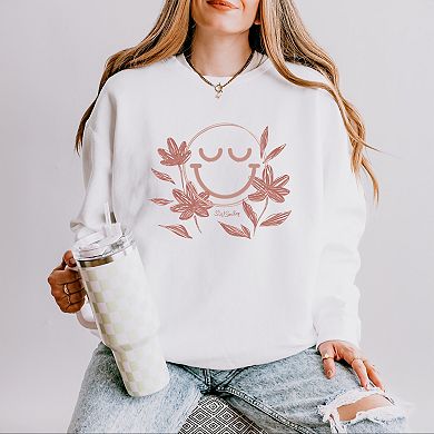 S.W.Smiley Pink Flowers Outline - Women's Lightweight Garment Dyed Sweatshirt