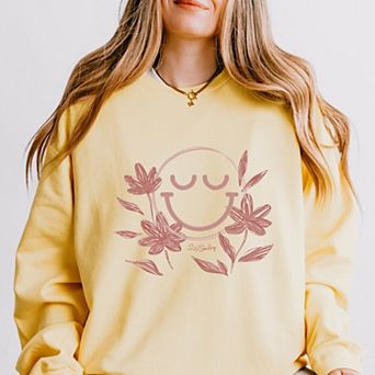 S.W.Smiley Pink Flowers Outline - Women's Lightweight Garment Dyed Sweatshirt