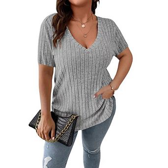 Women's Plus Size V Neck Casual Tops Solid Color Shirts Lightweight Short Sleeve Blouses