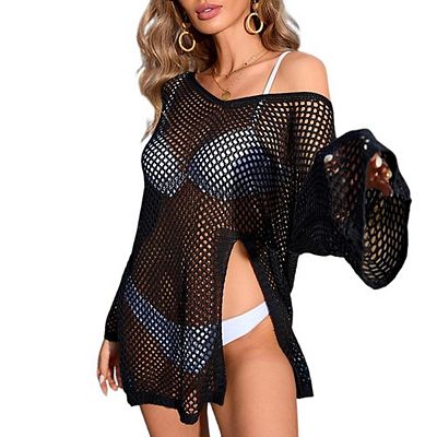Women Summer Casual Crochet Hollow Out Long Sleeve Cover Up V Neck Bathing  Suit Split Beach Dress