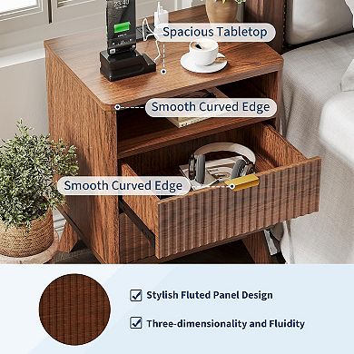 2pcs Modern Fluted Nightstand with USB Charging Station & Outlets, Wood Bedside Table End Table
