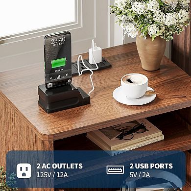 2pcs Modern Fluted Nightstand with USB Charging Station & Outlets, Wood Bedside Table End Table