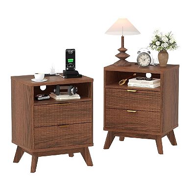 2pcs Modern Fluted Nightstand with USB Charging Station & Outlets, Wood Bedside Table End Table
