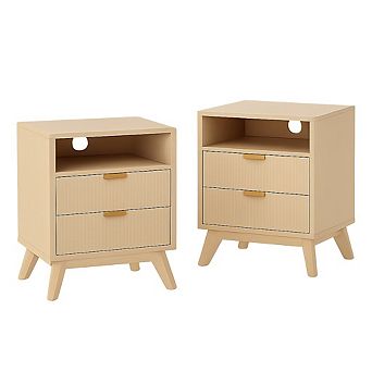 2 pc Modern Fluted Nightstand with USB Charging Station & Outlets, Wood Bedside Table End Table