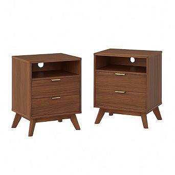 2 pc Modern Fluted Nightstand with USB Charging Station & Outlets, Wood Bedside Table End Table