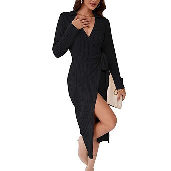 Women's V Neck Long Sleeve Knit Wrap Slit Mid Dress Tied Bodycon Dress